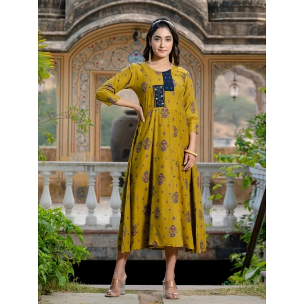 Women's Rayon Print With Embroidery Work A-Line Kurti (Mehendi) - 2XL