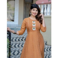 Women's Rayon Print With Embroidery Work A-Line Kurti (Rust) - 2XL