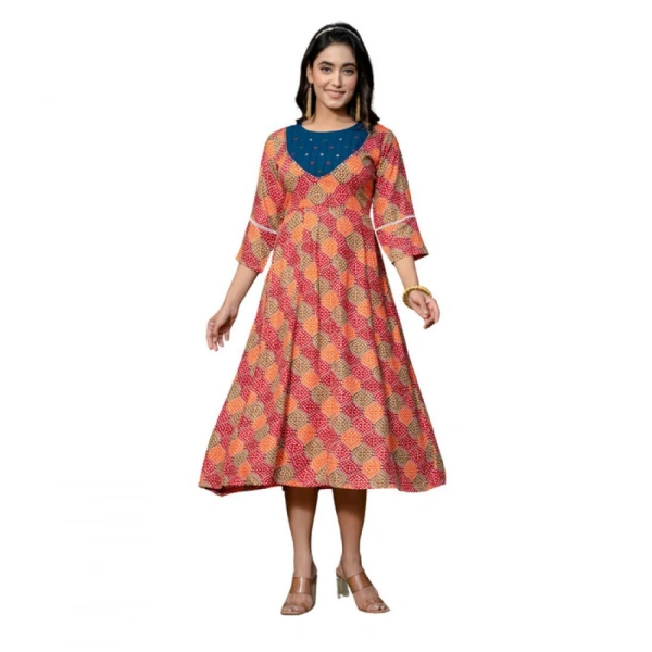 Women's Rayon Print With Embroidery Work A-Line Kurti (Multicolor) - M