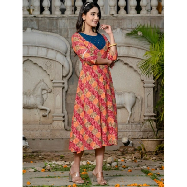 Women's Rayon Print With Embroidery Work A-Line Kurti (Multicolor) - M
