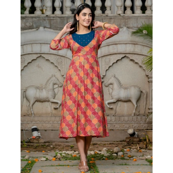 Women's Rayon Print With Embroidery Work A-Line Kurti (Multicolor) - M