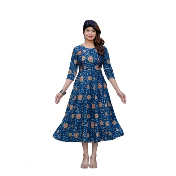 Women's Rayon Print With Embroidery Work A-Line Kurti (Navy Blue) - 2XL