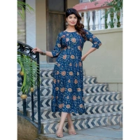 Women's Rayon Print With Embroidery Work A-Line Kurti (Navy Blue) - 2XL