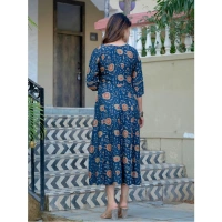 Women's Rayon Print With Embroidery Work A-Line Kurti (Navy Blue) - 2XL