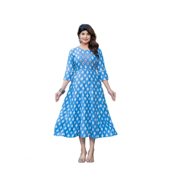 Women's Rayon Print With Embroidery Work A-Line Kurti (Sky Blue) - XL