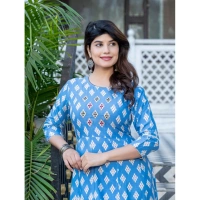 Women's Rayon Print With Embroidery Work A-Line Kurti (Sky Blue) - XL