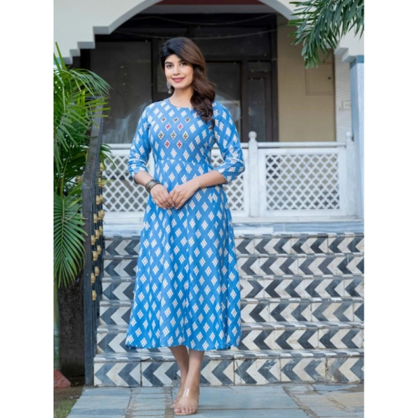 Women's Rayon Print With Embroidery Work A-Line Kurti (Sky Blue) - XL