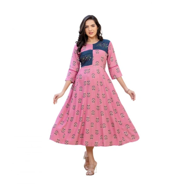 Women's Rayon Print With Embroidery Work A-Line Kurti (Wine) - 3XL