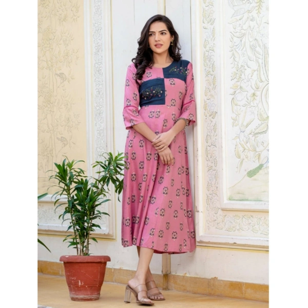 Women's Rayon Print With Embroidery Work A-Line Kurti (Wine) - 3XL