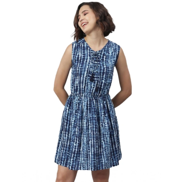 Women's Rayon Tie & Dye Sleeveless Above Knee Dress (Blue) - XL