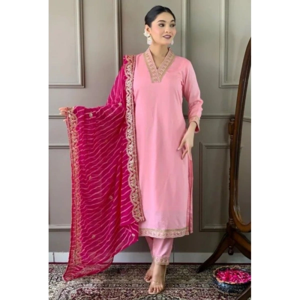 Shopnav Women's Roman Silk Embroidery 3-4th Sleeve V-Neck Kurti With Pant Dupatta Set (Pink) - L