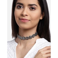 Shopnav Women's Rose Gold Plated Alloy Choker (Silver & Black) - Silver -amp; Black