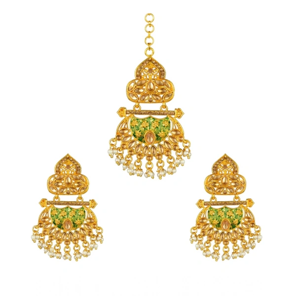 Shopnav Women's Rose Gold Plated Alloy Kundan Earrings & Mangtikka (Green) - Green