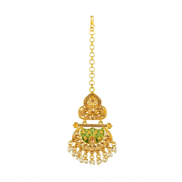 Shopnav Women's Rose Gold Plated Alloy Kundan Earrings & Mangtikka (Green) - Green