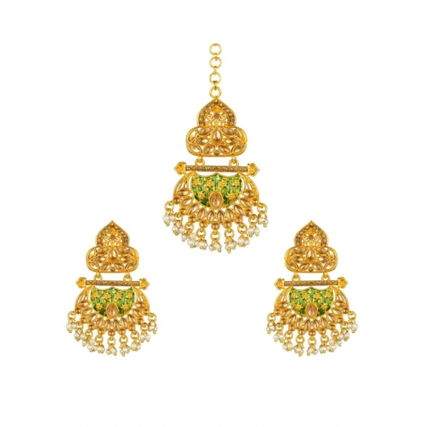 Shopnav Women's Rose Gold Plated Alloy Kundan Earrings & Mangtikka (Green) - Green