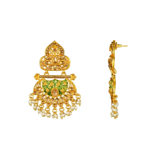 Shopnav Women's Rose Gold Plated Alloy Kundan Earrings & Mangtikka (Green) - Green