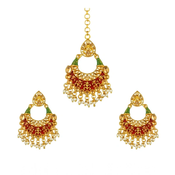 Shopnav Women's Rose Gold Plated Alloy Kundan Earrings & Mangtikka (Red & Green) - Red -amp; Green