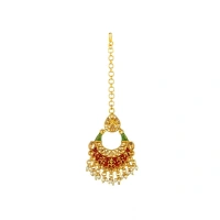 Shopnav Women's Rose Gold Plated Alloy Kundan Earrings & Mangtikka (Red & Green) - Red -amp; Green