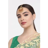Shopnav Women's Rose Gold Plated Alloy Kundan Earrings & Mangtikka (Red & Green) - Red -amp; Green