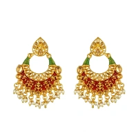Shopnav Women's Rose Gold Plated Alloy Kundan Earrings & Mangtikka (Red & Green) - Red -amp; Green