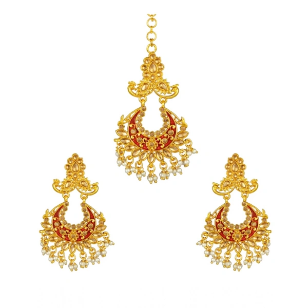 Shopnav Women's Rose Gold Plated Alloy Kundan Earrings & Mangtikka (Maroon) - Maroon
