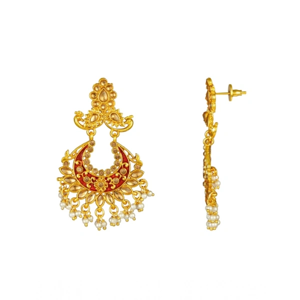 Shopnav Women's Rose Gold Plated Alloy Kundan Earrings & Mangtikka (Maroon) - Maroon