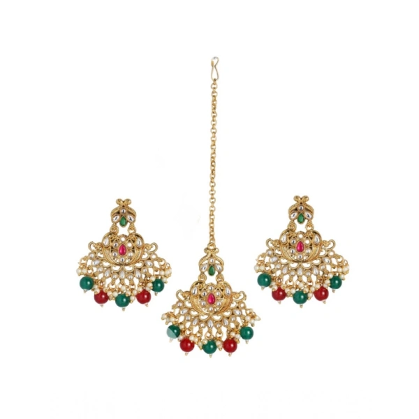 Shopnav Women's Rose Gold Plated Alloy Kundan Earrings & Mangtikka (Red & Green) - Red -amp; Green
