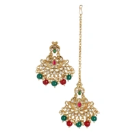 Shopnav Women's Rose Gold Plated Alloy Kundan Earrings & Mangtikka (Red & Green) - Red -amp; Green