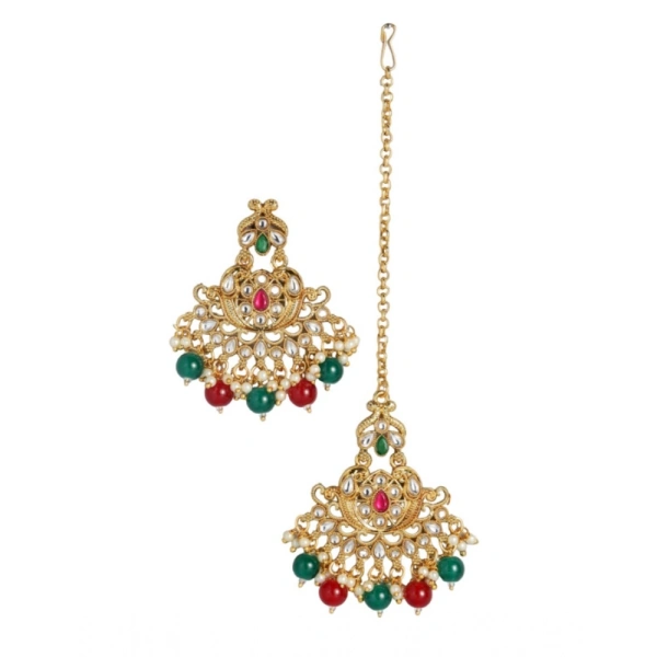 Shopnav Women's Rose Gold Plated Alloy Kundan Earrings & Mangtikka (Red & Green) - Red -amp; Green