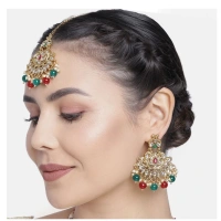 Shopnav Women's Rose Gold Plated Alloy Kundan Earrings & Mangtikka (Red & Green) - Red -amp; Green
