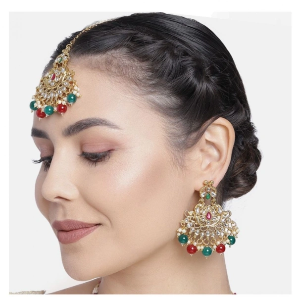 Shopnav Women's Rose Gold Plated Alloy Kundan Earrings & Mangtikka (Red & Green) - Red -amp; Green