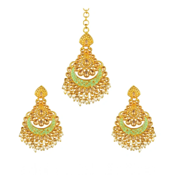 Shopnav Women's Rose Gold Plated Alloy Kundan Earrings & Mangtikka (Green) - Green