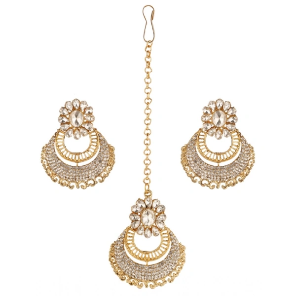Shopnav Women's Rose Gold Plated Alloy Kundan Earrings & Mangtikka (White) - White