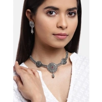 Shopnav Women's Rose Gold Plated Alloy Necklace & Earings Set (Silver) - Silver