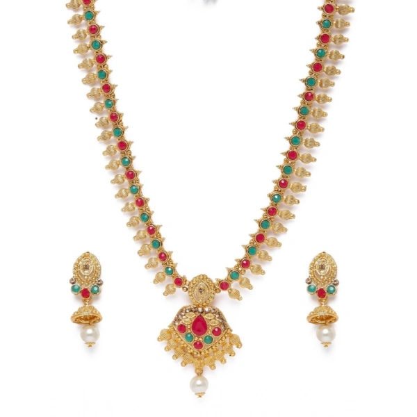 Shopnav Women's Rose Gold Plated Alloy Necklace & Earings Set (Green & Red) - Green -amp; Red