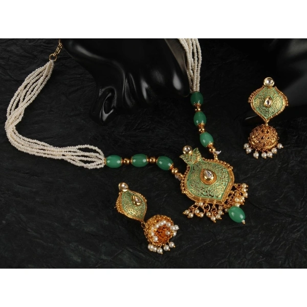 Shopnav Women's Rose Gold Plated Alloy Necklace & Earings Set (Green) - Green