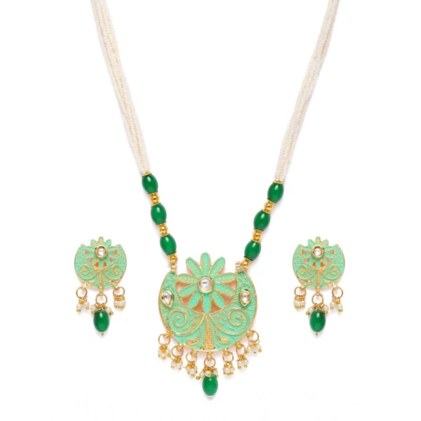 Shopnav Women's Rose Gold Plated Alloy Necklace & Earings Set (Green) - Green