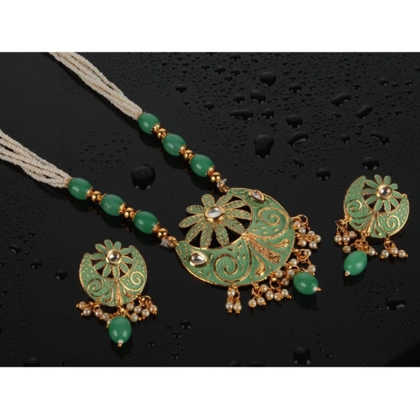 Shopnav Women's Rose Gold Plated Alloy Necklace & Earings Set (Green) - Green