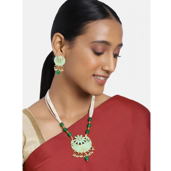 Shopnav Women's Rose Gold Plated Alloy Necklace & Earings Set (Green) - Green