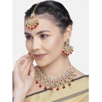 Shopnav Women's Rose Gold Plated Alloy Necklace & Earings Set (Red) - Red
