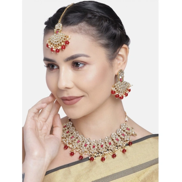 Shopnav Women's Rose Gold Plated Alloy Necklace & Earings Set (Red) - Red