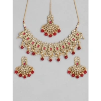 Shopnav Women's Rose Gold Plated Alloy Necklace & Earings Set (Red) - Red
