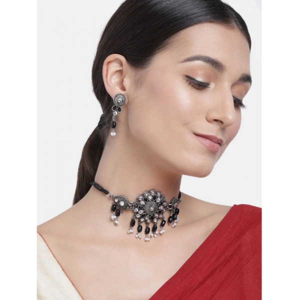Shopnav Women's Rose Gold Plated Alloy Necklace & Earings Set (Black) - Black