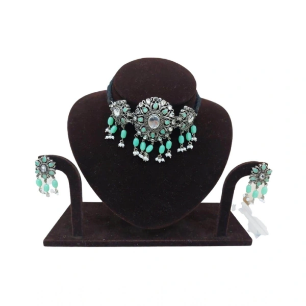 Shopnav Women's Rose Gold Plated Alloy Necklace & Earings Set (Light Green) - Light Green