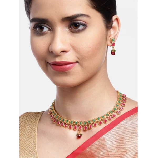 Shopnav Women's Rose Gold Plated Alloy Necklace & Earings Set (Green & Red) - Green -amp; Red