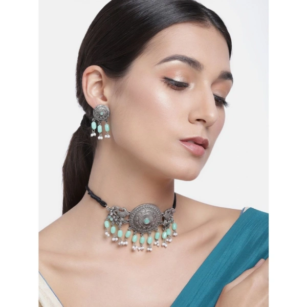 Shopnav Women's Rose Gold Plated Alloy Necklace & Earings Set (Light Green) - Light Green