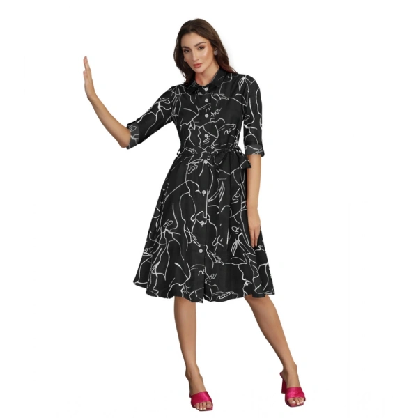 Women's Ruby Cotton Printed Shirt Collar 3-4th Sleeve Dresses (Black) - L