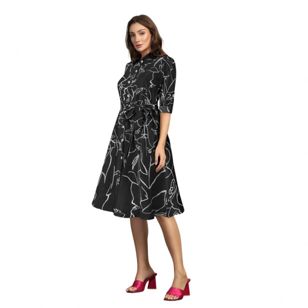 Women's Ruby Cotton Printed Shirt Collar 3-4th Sleeve Dresses (Black) - L