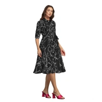 Women's Ruby Cotton Printed Shirt Collar 3-4th Sleeve Dresses (Black) - L