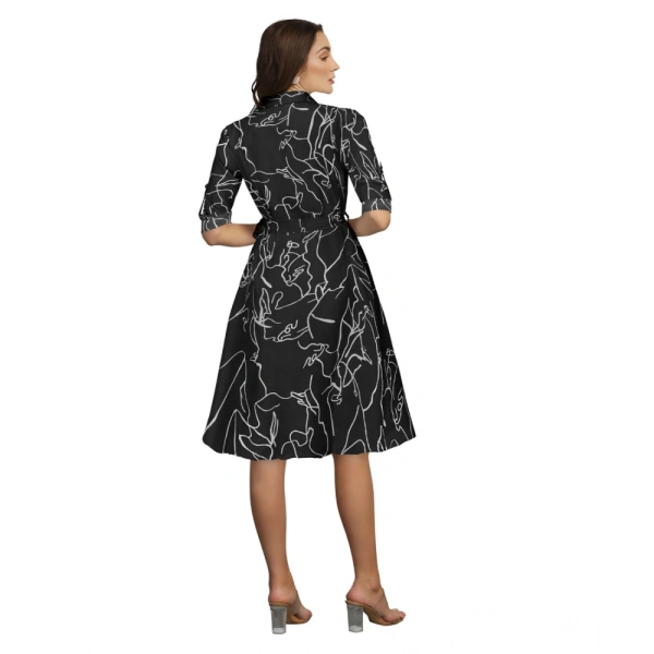 Women's Ruby Cotton Printed Shirt Collar 3-4th Sleeve Dresses (Black) - L